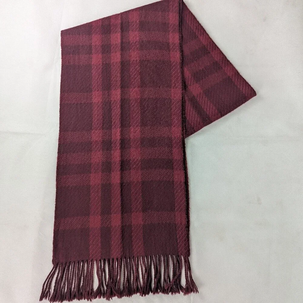 Burberry Classic Nova Check 100% Cashmere Maroon Scarf Made In Scotland - Picture 1 of 8